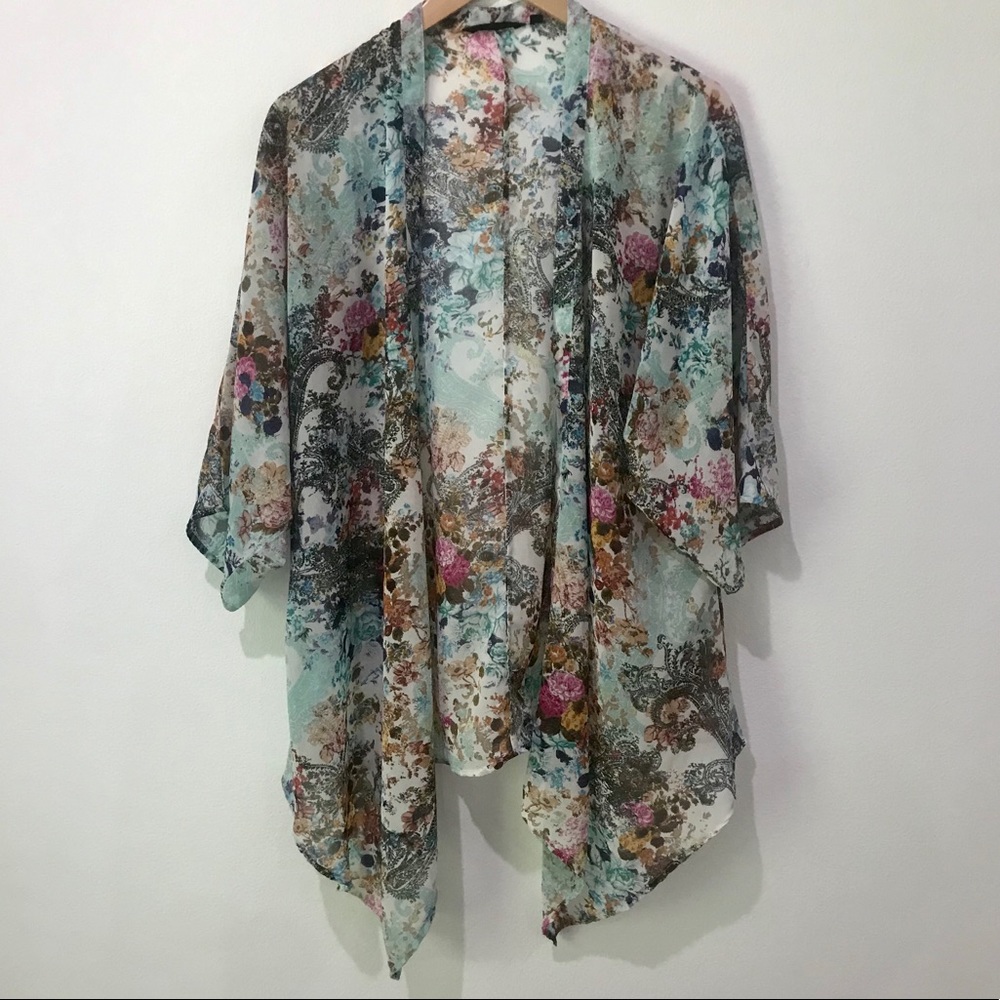 LIGHT BLUE pink black white tan KIMONO SIZE LARGE